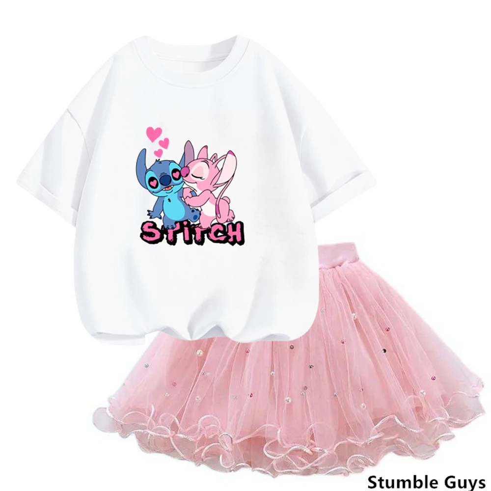 Kids Stitch Clothes Flower Flamingo T Shirt & Tutu Mesh Skirt Two Piece Pretty Korean Little Girls Clothing Set Fashion Outfits