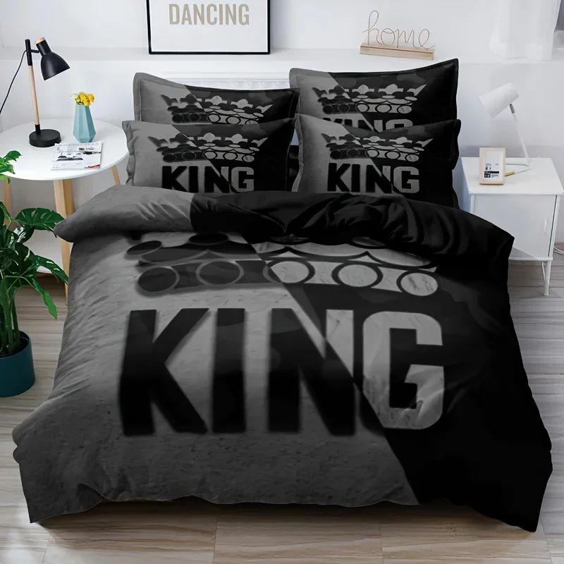 Duvet Cover Set Soft And Comfortable  Gray And Black King Pattern Bedding Set For Bedroom Guest Room And Dorm Decoration