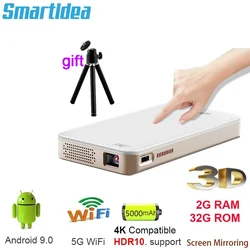 Smartldea Nuovo Arriva HD mini proiettore smart dlp 4k android 9.0 5G wifi BT altoparlante incorporato batteria proiettori per telefoni tascabili