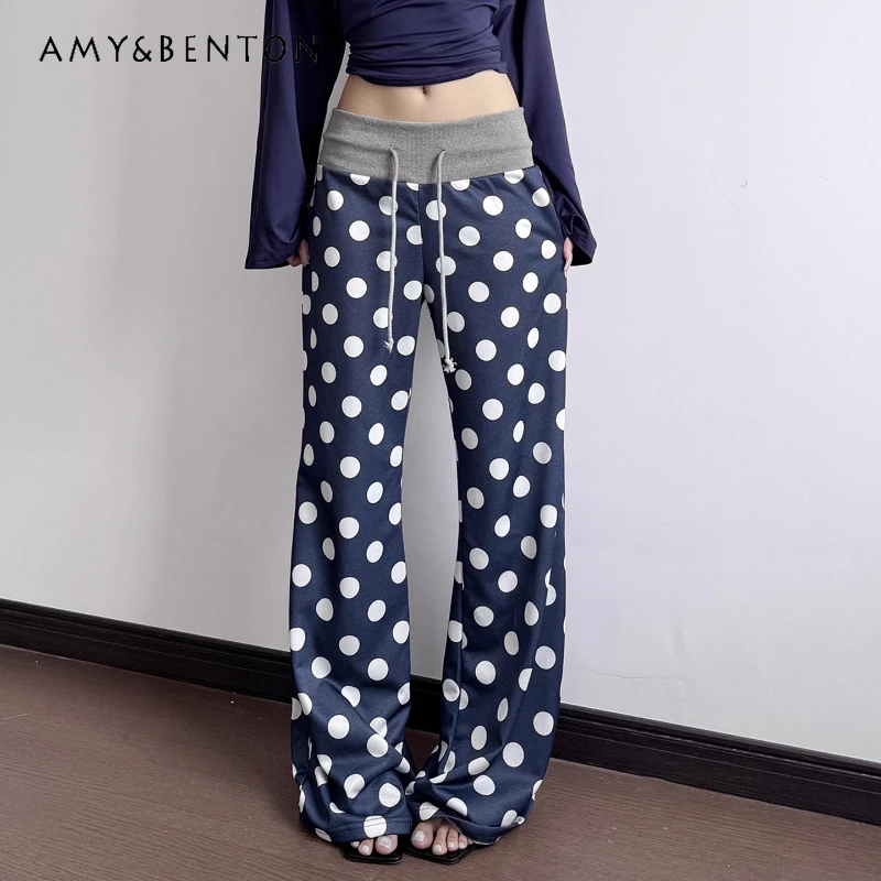 

French Retro Color-Block Polka Dot Lace-Up Women's Slacks 2025 Autumn New Design Blue Versatile Knitted Flared Long Pants Ladies