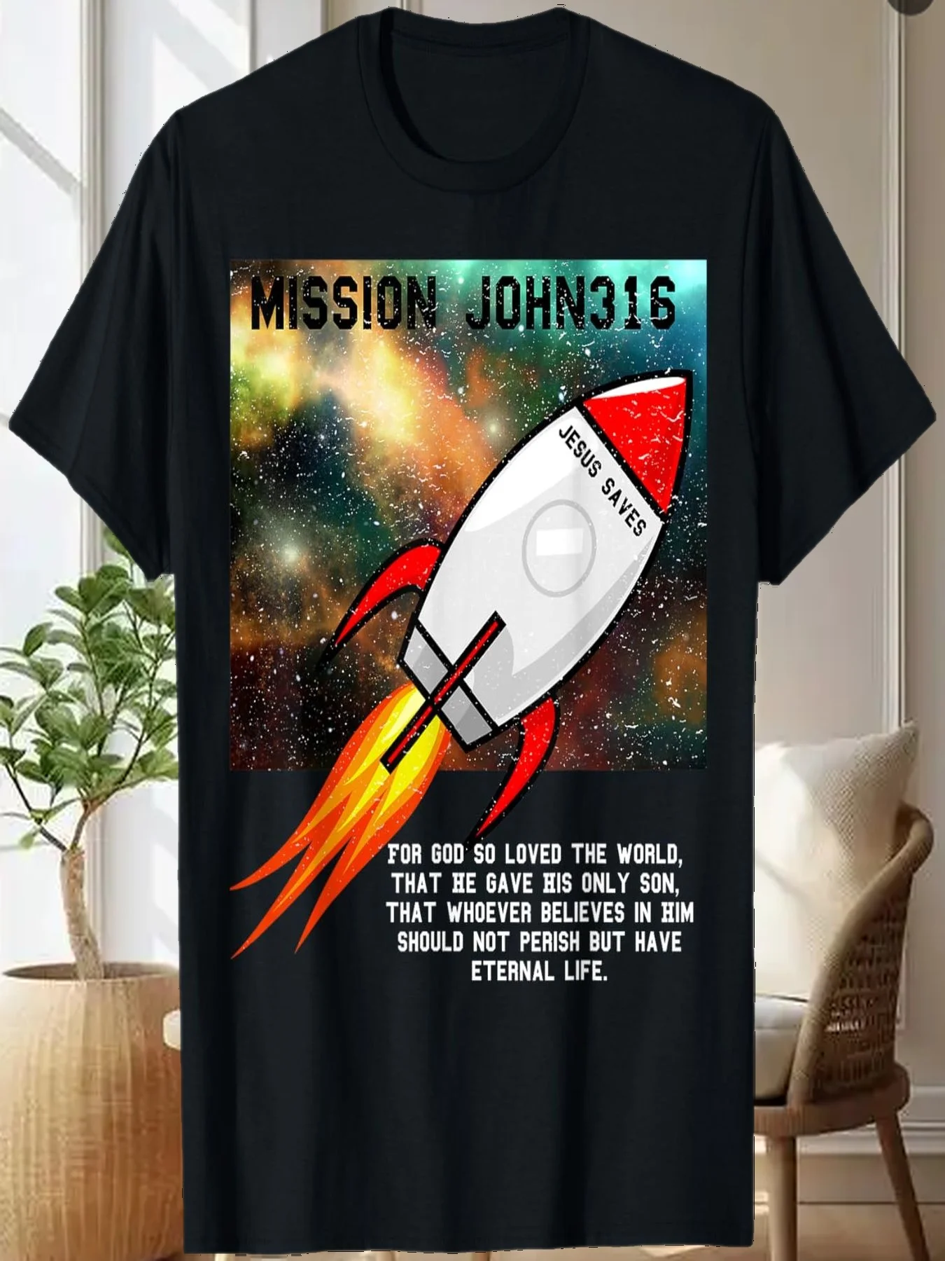 

VBS Mission John 3:16 Memory Verse Distressed Stellar Space T-Shirt