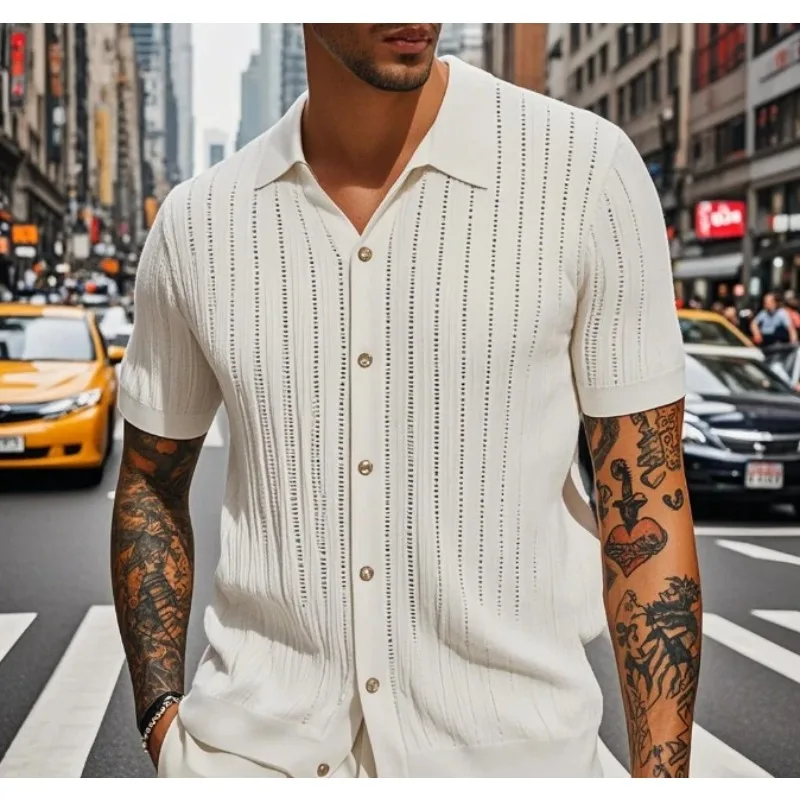 Summer Men's Casual Shirt Breathable Hollow Out Knit Shirt Short Sleeve Lapel Lightweight Top for Men European  American Loose