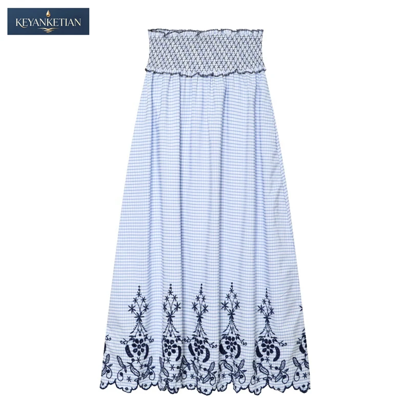 KEYANKETIAN 2026 Boho Vacation Gathered Gingham Maxi Skirt Loose Fit Smocked Elastic High Waist & Floral Scalloped Embroidery