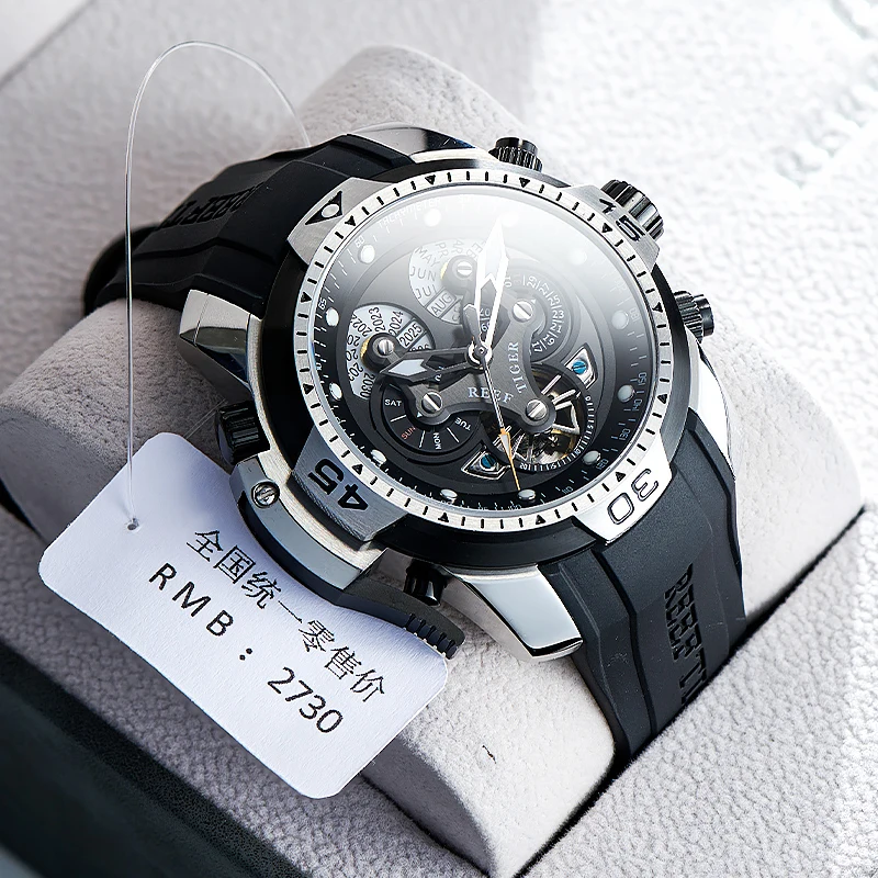 ريف تايجر/RT تريند ستايل أورورا مسدس ساعة أوتوماتيكية للرجال كاملة التقويم الغوص شريط مطاطي الميكانيكية Rejos RGA3503