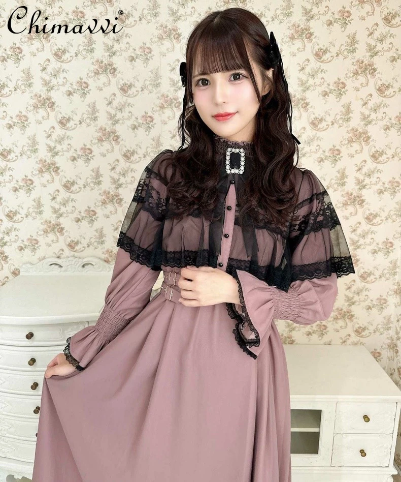 Japanese Mine Rojita Cape Shawl Dresses Women Spring and Autumn New Sweet Girl Cute Bow Long Sleeve Elegant Long Lolita Dress