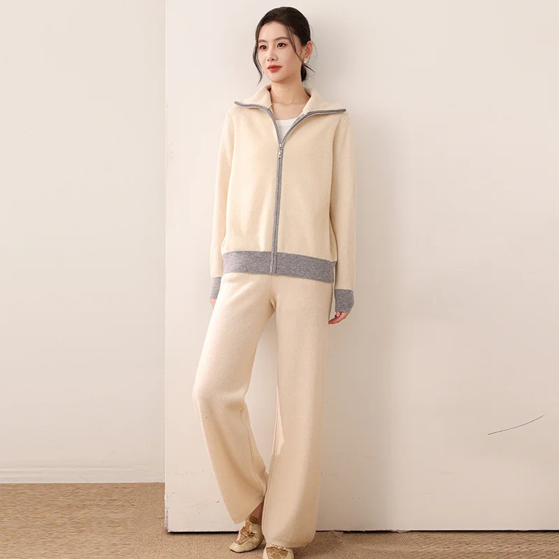 2025 Autumn Women Casual Blazer Cardigan Sweater Pants Set Long Sleeve Zipper Blazer + Wide Leg Trousers Lady Office Outfit Suit