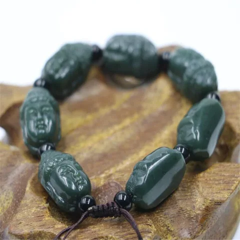 Natural Green Jade Bracelet Men Women Fine Jewelry Genuine Hetian Jades Nephrite Guanyin Head Beads Adjustable Bracelets Bangle