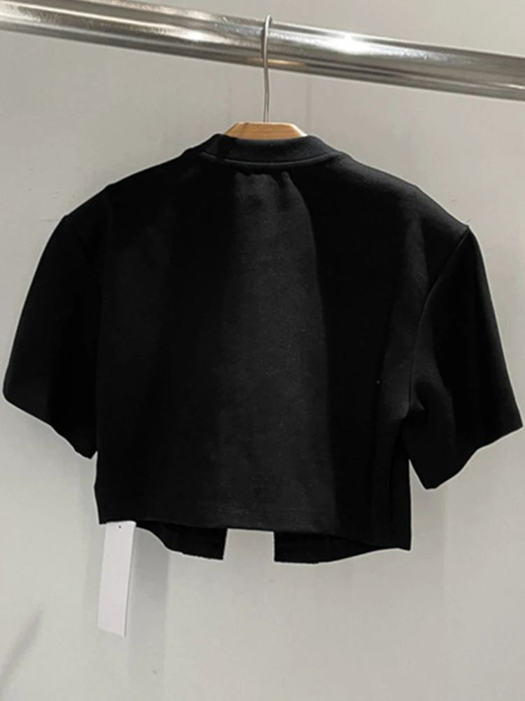 VGH Solid Patchwork Diamonds Split T Shirt For Women Round Neck Short Sleeve Slimming Minimalist T Shirts Female Fashion Style