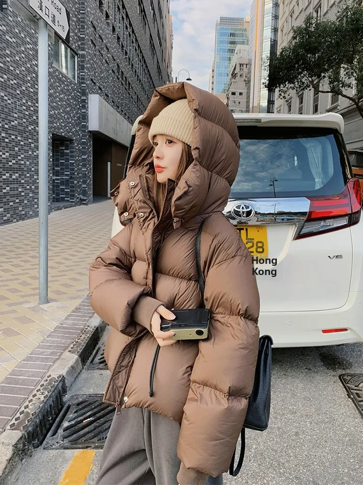 Caramel Short Thickened Cotton Jacket Women's Winter New Loose Cloud Foam Warm Coat Outerwear Simple Style Commute Fashion