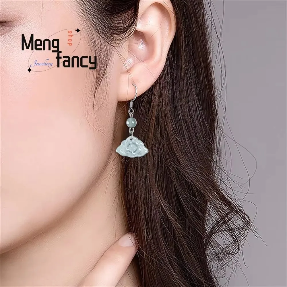 

Natural A goods Jadeite Blue Water Lotus Earrings S925 Silver Ice Jade Exquisite High-grade Sexy Young Girls Luxury Fine Jewelry