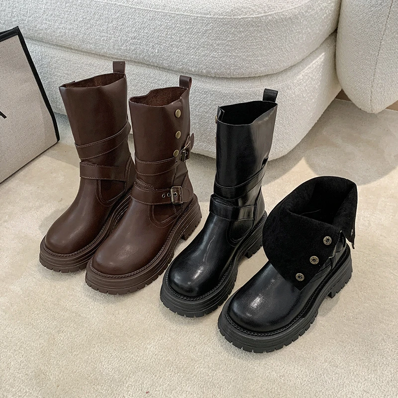 

2025 новые осенние модные удобные женские ботинки в стиле ретро, модные стильные уличные ботильоны, дизайнерские кожаные ботинки на платформе