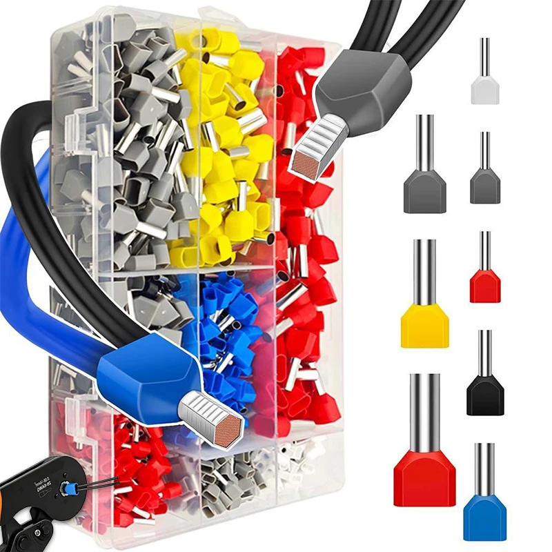 100/750Pcs Double Wire End Ferrules Terminal, Reliable Twin Wire Connector Pin Electrical for Cable Connector