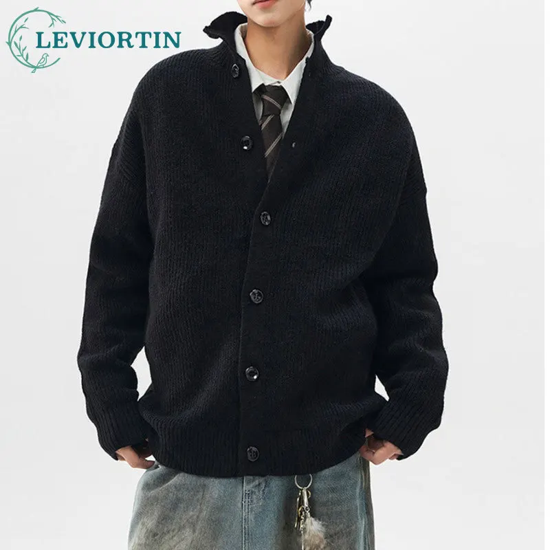 

Autumn/winter simple American solid color high neck cardigan sweater men's loose retro lazy style versatile knit sweater jacket