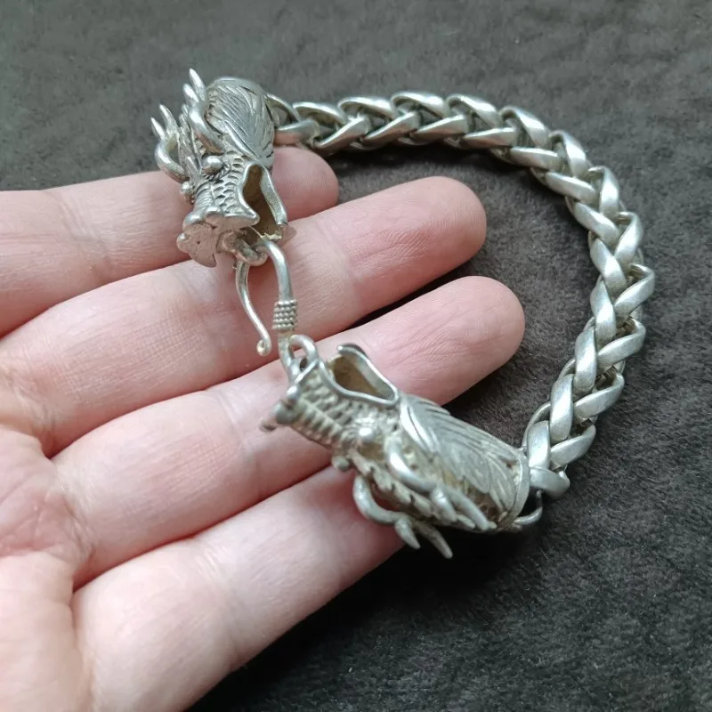 

Vintage Tibetan Old Patina Silver Dragon Head Bracelet, Antique Collectible Tibetan Silver Hand String Wholesale Jewelry