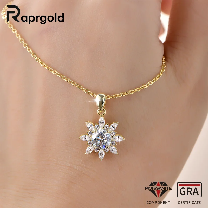 RAPRGOLD GRA Certified 6.5mm Round Moissanite Delicate Snowflake Pendant Necklace for Women 14K Gold Filled Fine Jewelry Gifts