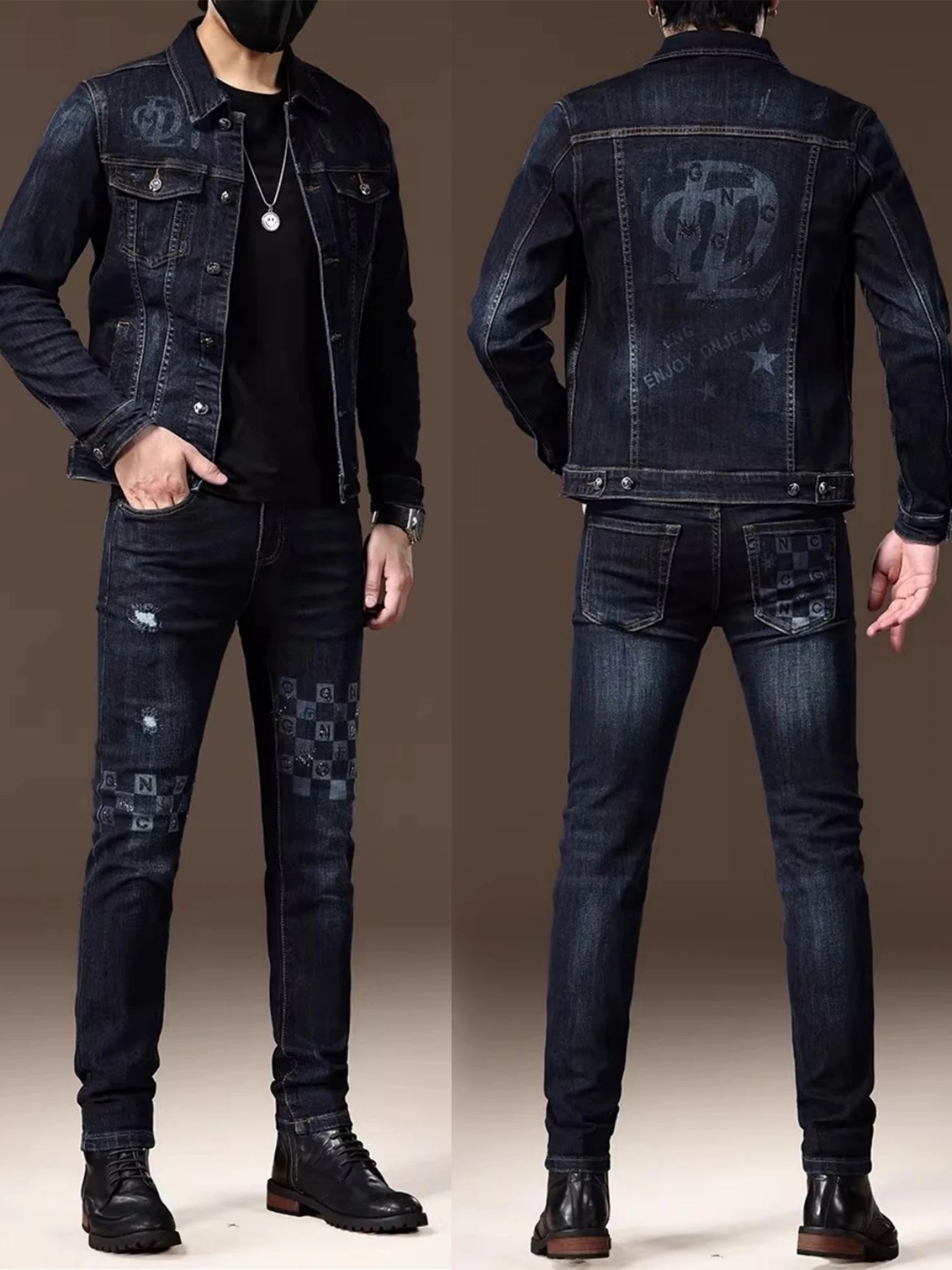 

High-End Men's Slim Fit Denim Jaet with Rhinestone Embelliment And Elastic Jeans for Spring Autumn Faion Urban Sle