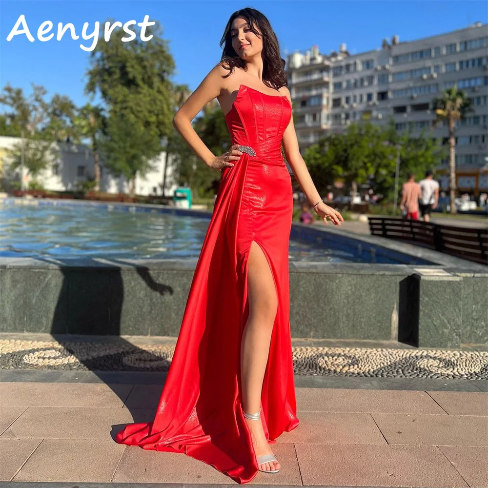 

Aenryst Sexy Red Strapless Mermaid Evening Dresses Side High Split Prom Party Gown Satin Backless Christmas New Year Custom Made