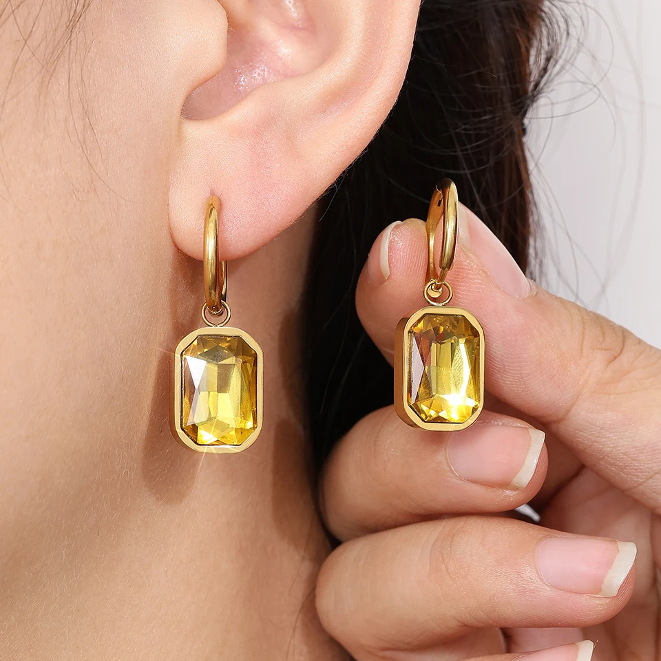 Yupsk Trendy Square Stainless Steel Crystal Zirconia Earrings For Women Girls Gold Color Metal Hoop Earring Party Daily Jewelry