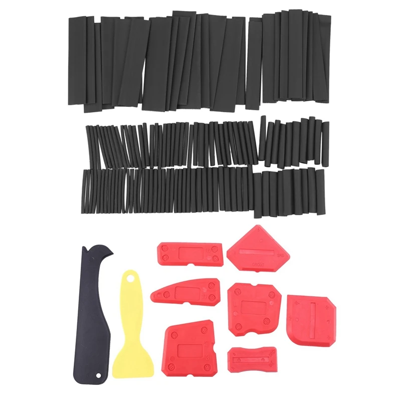 127 Pcs Black Glue Weatherproof Heat Shrink Sleeving Tubing Tube & 9 Pcs Silicone Sealant Finishing Tools