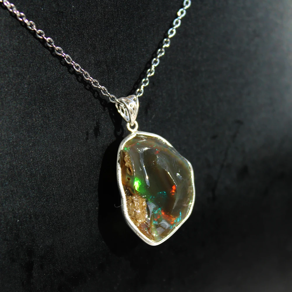 Rough Natural Opal Gemstone Crystal Specimen Necklace Pendant With 925Silver Hook