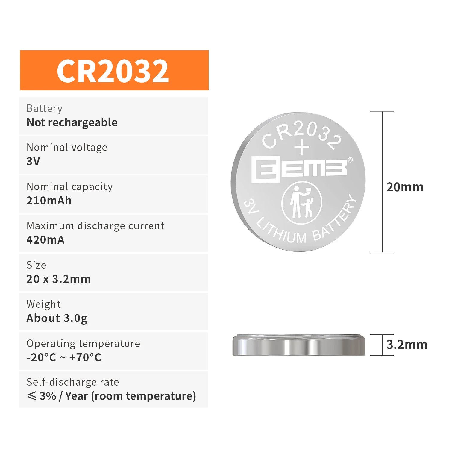 20PCS EEMB CR2032 3V 210mAh Button Battery Lithium Battery Non-Rechargeable Coin Cell Batteries for Watch Calculator  Car Key