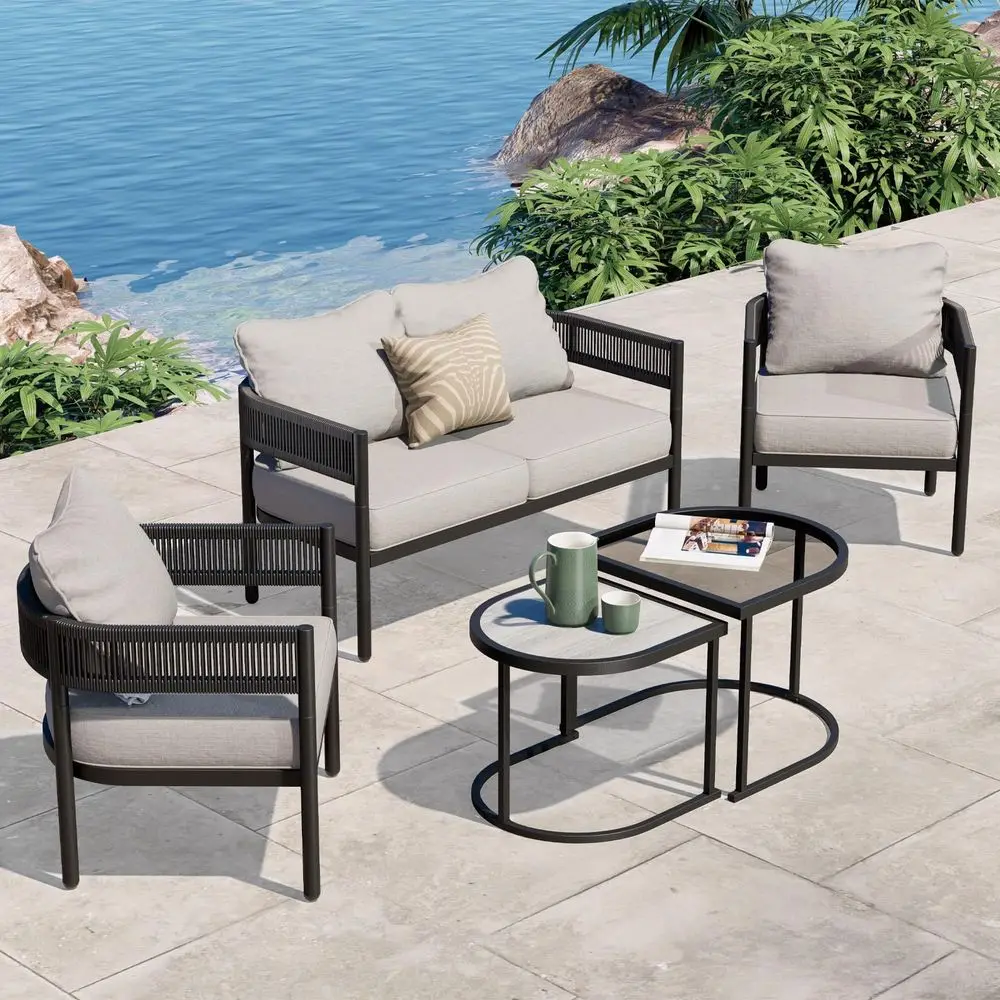 

5Piece Outdoor Furniture Set, 4 Seats Wicker Sofa Conversation Set with Thick Cushions and Coffee Table, for Backyard, Balcony,