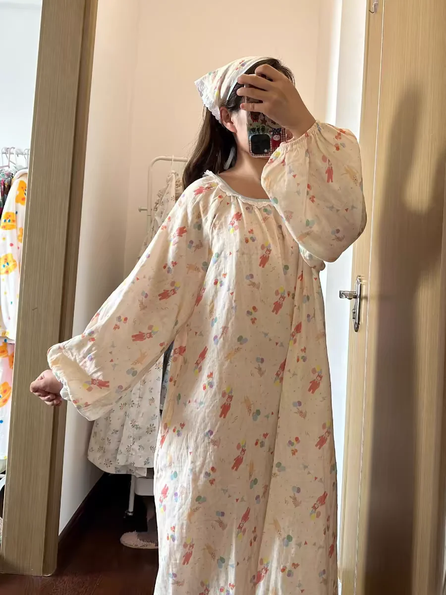 

Корейский стиль, ночная рубашка с рюшами и медведем для женщин, весна-осень, новая милая повседневная домашняя одежда с героями мультфильмов, пижамы, одежда для сна, платья