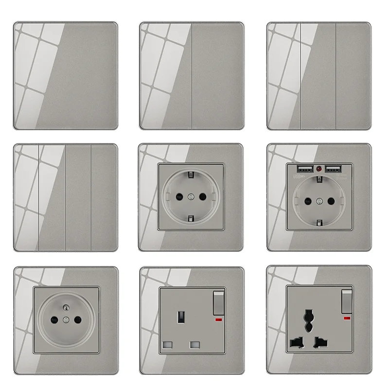 

86 Type Tempered Glass Wall Switch Socket Panel Light Switch EU French UK Electrical Wall USB Outlets Socket Plug TV