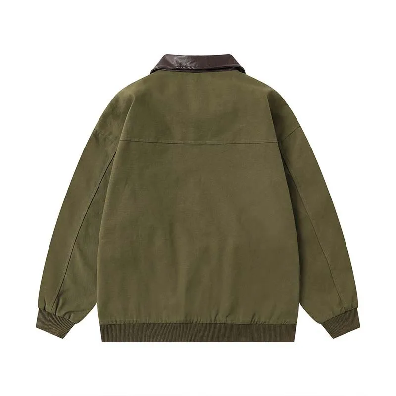 อเมริกันย้อนยุคปักหนัง PU ปกเย็บปะติดปะต่อกันแจ็คเก็ตชุดทํางาน, แบรนด์อินเทรนด์ไฮสตรีทหลวมและแจ็คเก็ตคู่อเนกประสงค์