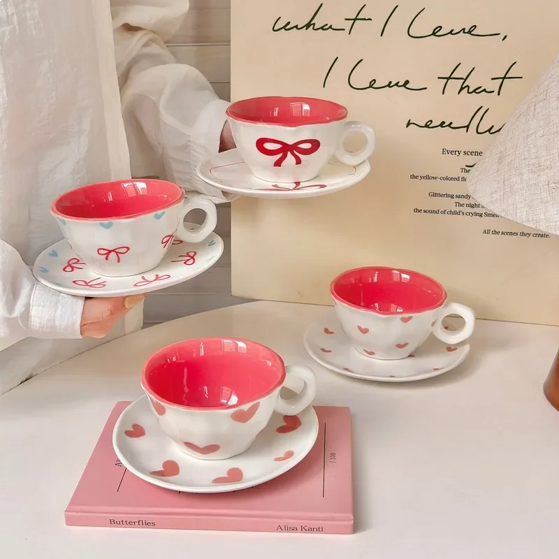 High Appearance Korean Style Ceramic Coffee Cup Saucer Set Small Fresh Heart Bowknot Afternoon Tea Cup Gift Porcelain Drinkware