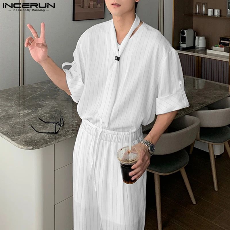 INCERUN 남성 세트 스트라이프 O넥 반팔 셔츠 & 팬츠 투피스 세트 여름 루즈핏 스트릿웨어 2025 패션 남성 캐주얼 슈트