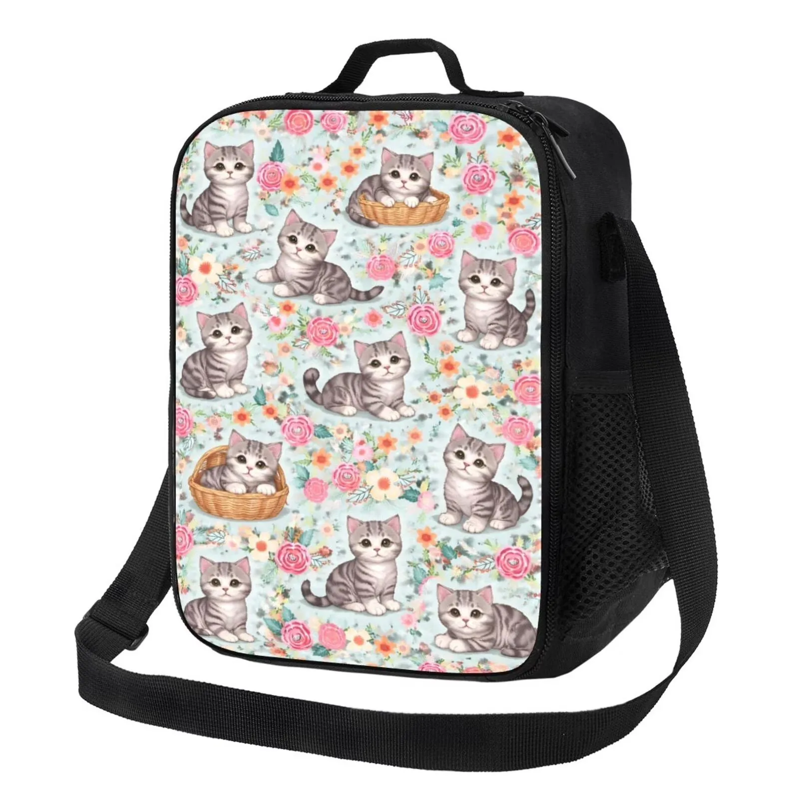 Cute Kitten Floral Cat Lover Insulated Lunch Bag with Shoulder Strap & Handle for Work Picnic