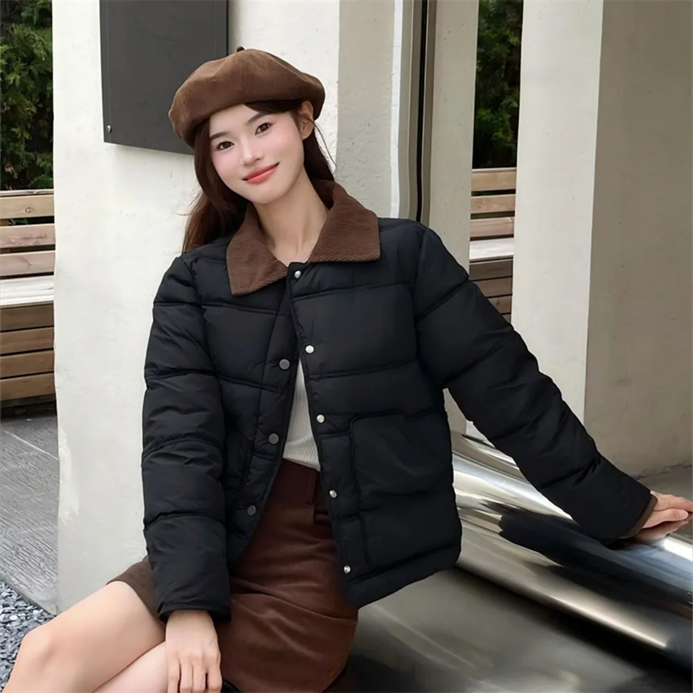 2026 New Cotton Jacket for Women's Small Fragrant Wind Corduroy Contrasting Color Design Short Cotton Clothing Winter Jacket