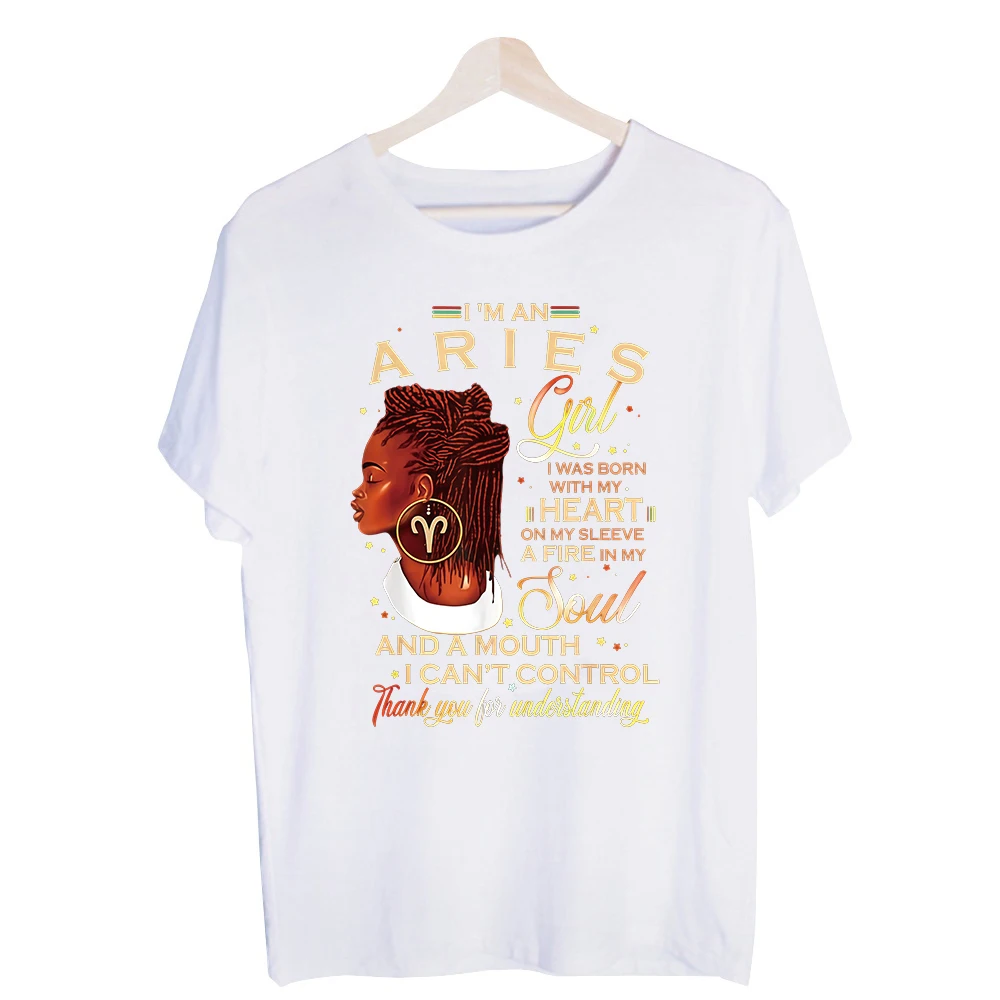 Women's Zodiac Aries Girl Graphic Tee, Short Sleeve Crew Neck T-Shirt for Casual Daily Wear and Summer Outfits