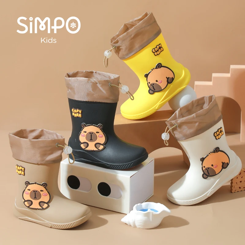 كابيبارا أحذية نصف رقبة من المطاط للأطفال المضادة للانزلاق أحذية المطر منتصف العجل للشباب مع شريط مرن صبي وفتاة أحذية المطر مريحة