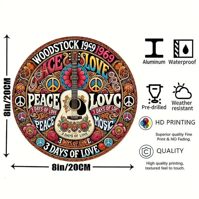 Home Decor，Retro Peace and Love Design with Guitar and Flowers,  Home Decor -  New Year's, Valentine'S Day, Music Decor