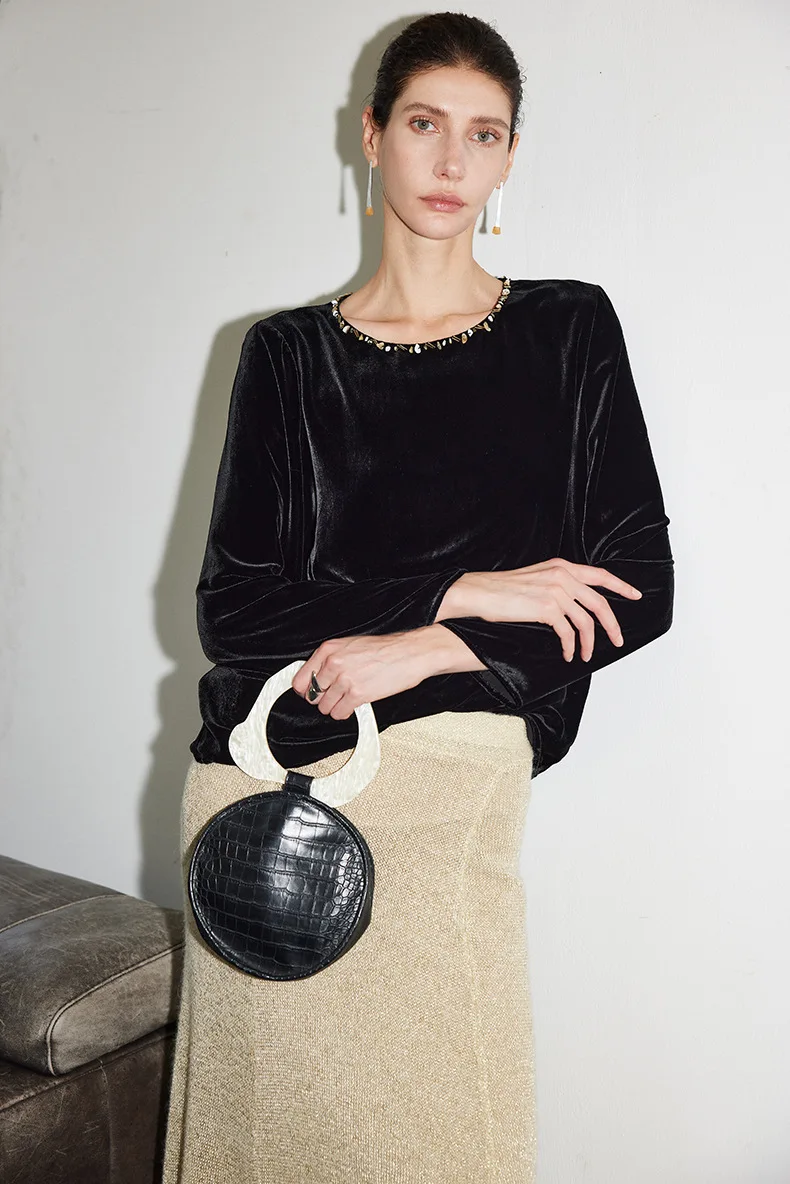 MadBlack-Silk Velvet Elegant T-shirt, Long Sleeve O Neck Beading, Woman Back Button Design Sense Top, 2026 Autumn New T64615CC