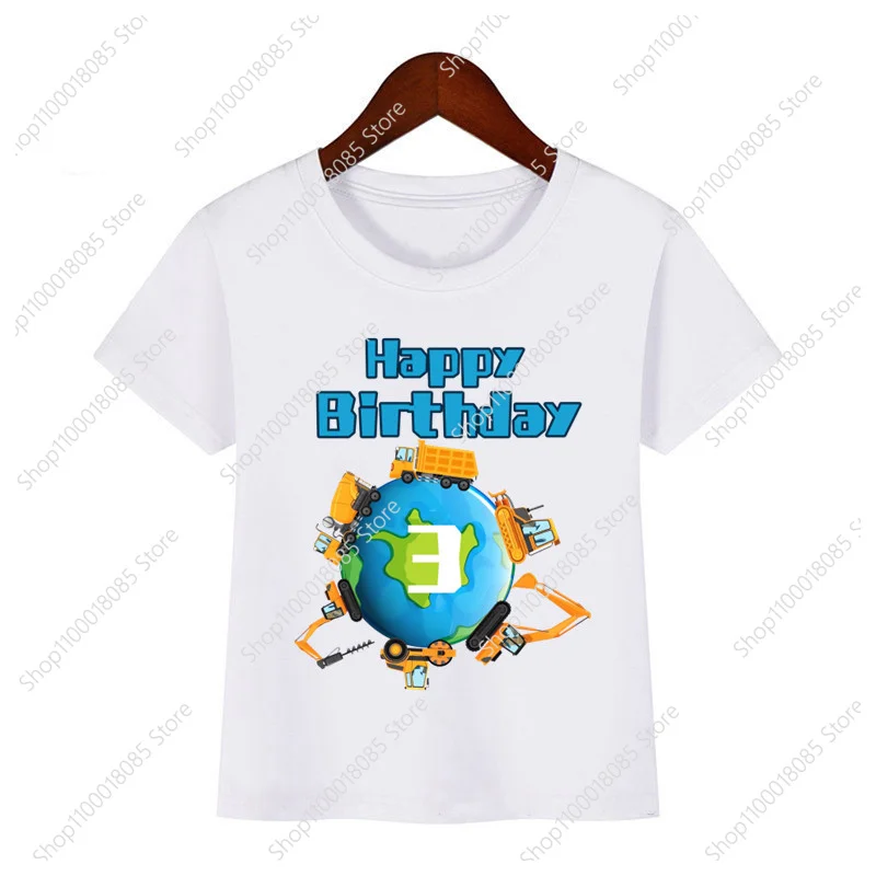 New Design Boys and Girls Earth Cartoon Excavator Printed T-shirt Cute and Fashionable Bulldozer Roller Children's T-shirt