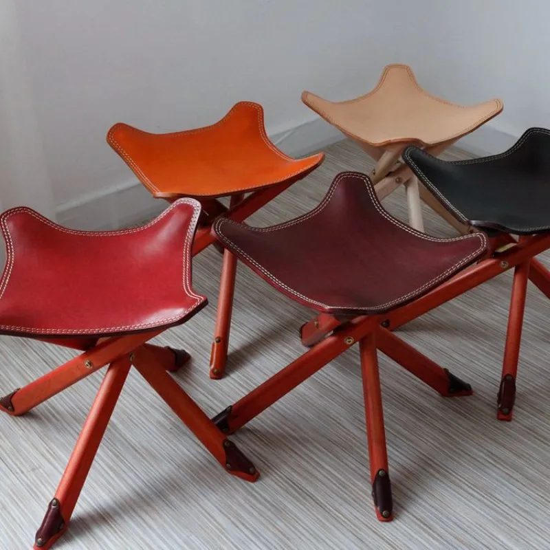 Household solid wood outdoor folding chair tree plaster leather convenient square corner stool cowhide south wind bag