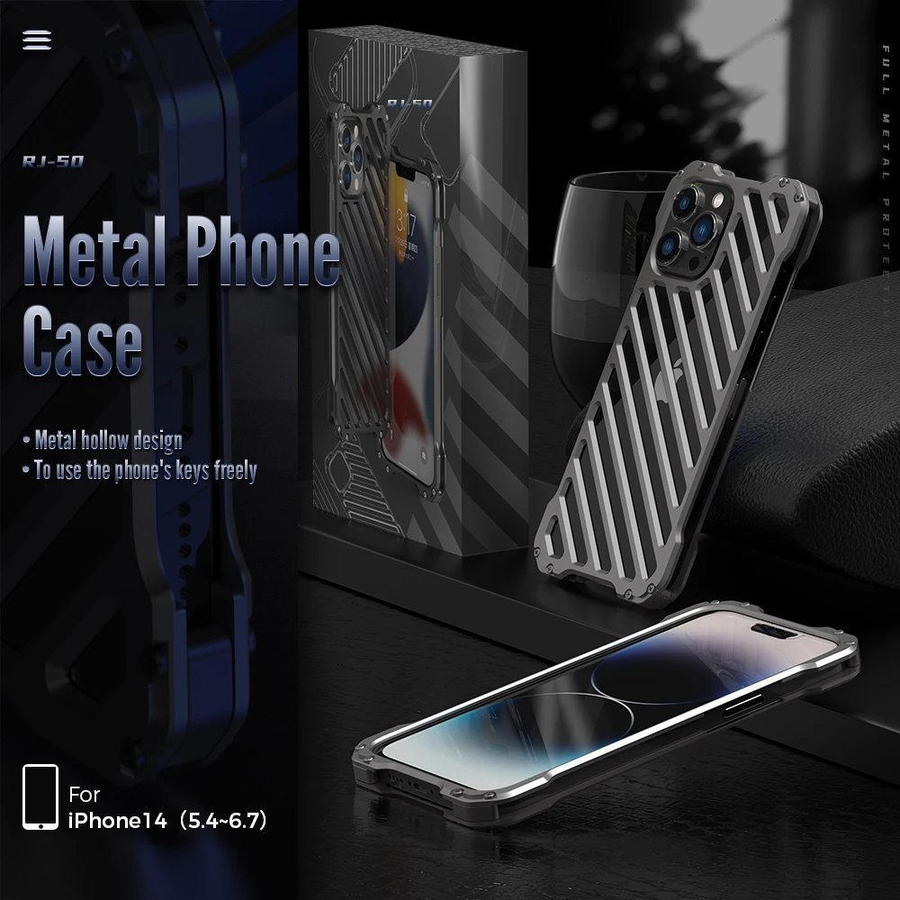 R-Just Military Grade Protection Full Metal Phone Case for iPhone 14 Pro Max 12 13 Pro 14 Plus Shockproof Heavy Duty Armor Case