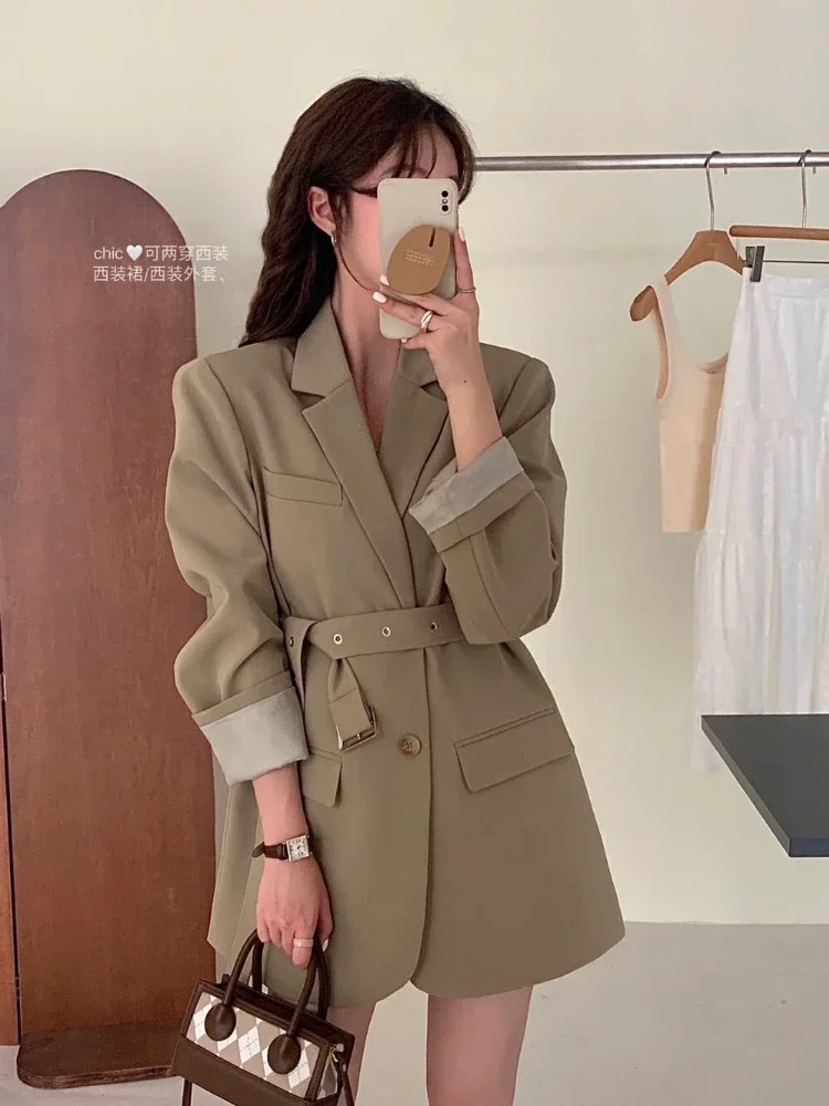 Korean Fashion Long Sleeve Blazer Women Spring 2023 New Elegant Single Breasted Blazer with Belt Office Ladies Streetwear Jacket