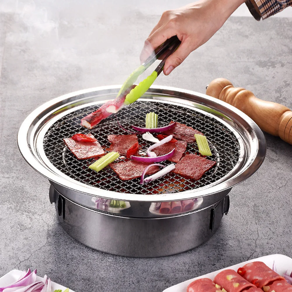 Portable Non-stick Grill Barbecue Machine Hot pot Charcoal Stainless Steel Tray Grills Charcoal Stove for Outdoor Camping BBQ