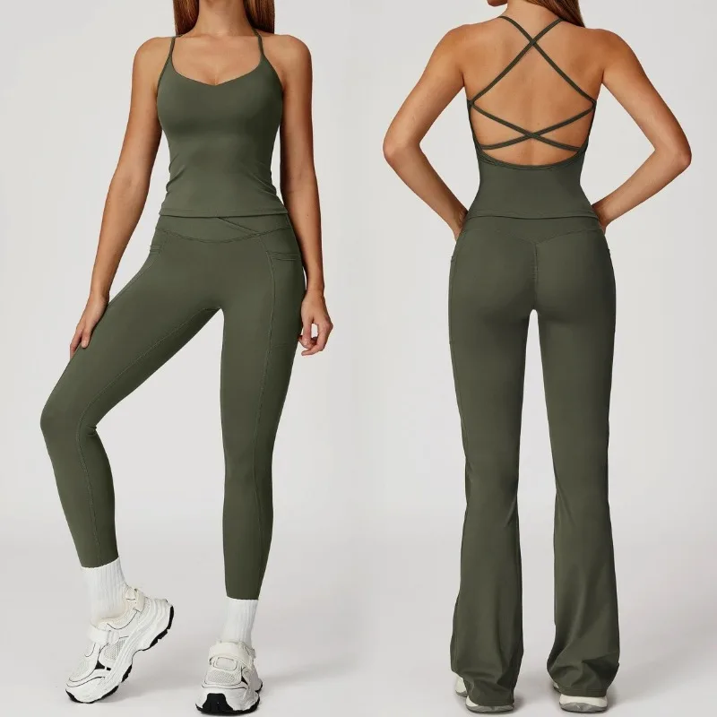 

Women's Fashion Nude Yoga Set Cross Slimming Beautiful Back Quick Drying Exercise Set Outdoor Leisure Running Fitness Suit