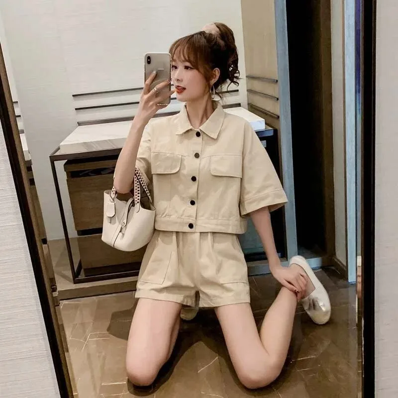 Fashion Women\'s Two-piece POLO Collar Cardigan Jacket+drawstring Elastic High Waisted Shorts for Commuting Sweet Korean Fashion