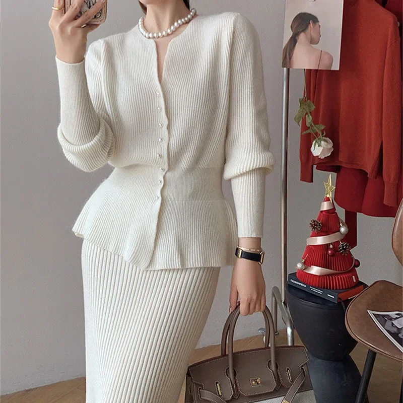 Women Knit Two Pieces Suits Button V Neck Long Sleeve Pullover + Split Slim Bodycon Skirt Streetwear Sweater Set Female Outifits