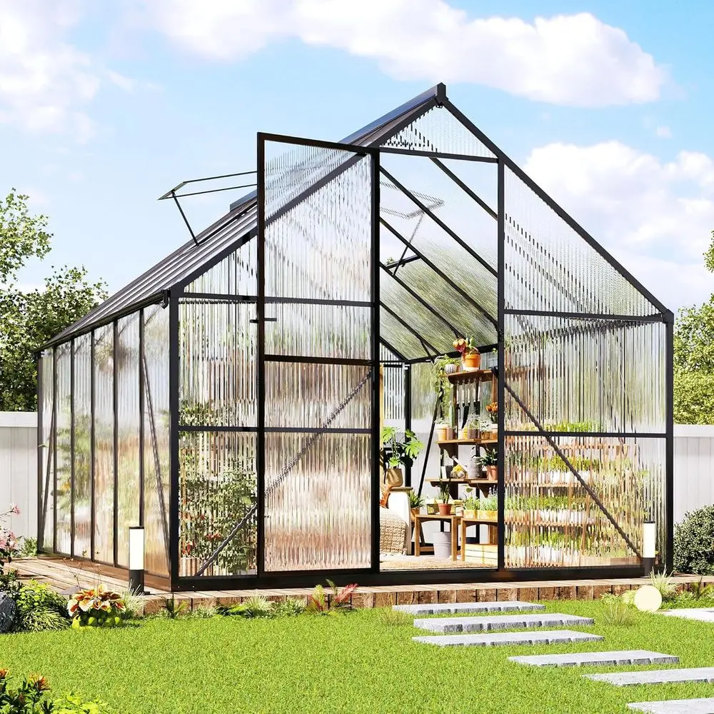 Sturdy 8x12ft Polycarbonate Greenhouse with 2 Windows and Swing Door for Outdoor Gardening in Black