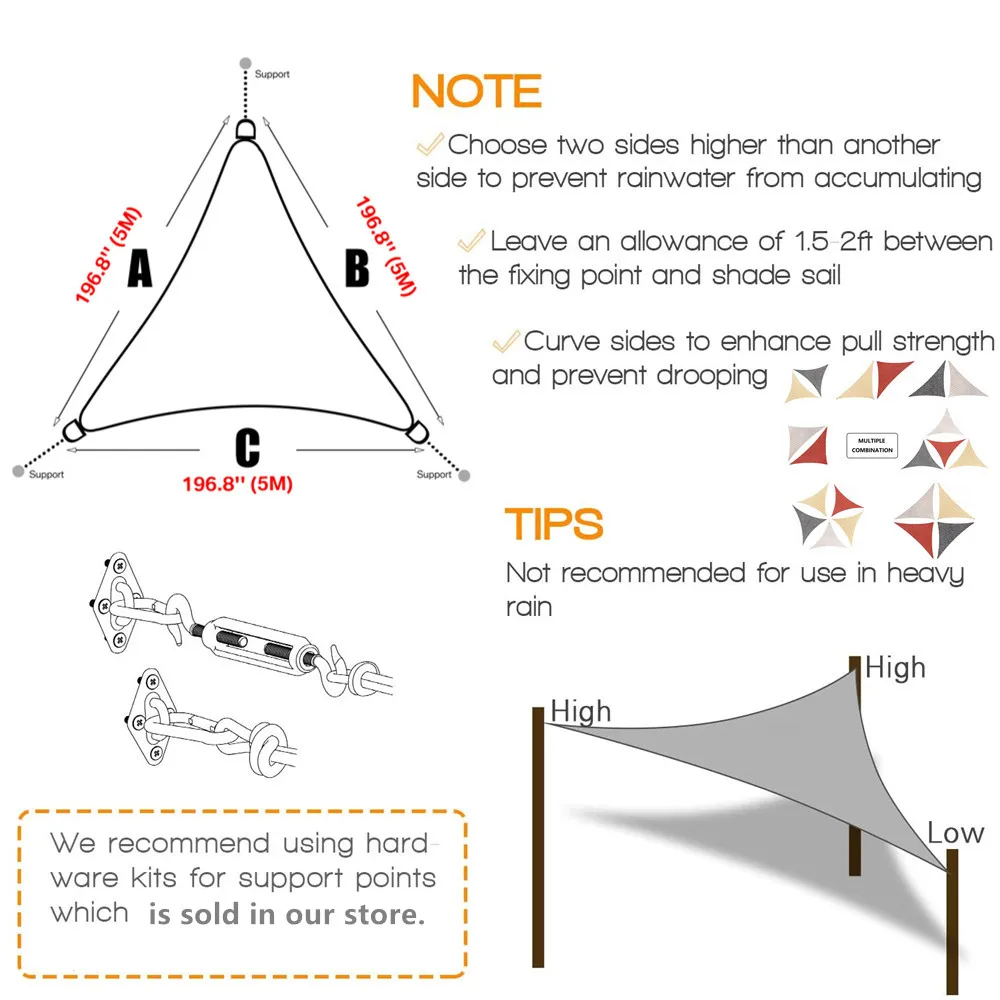 2/3/3.6/5M Triangle Sun Shade Sail Canopy Waterproof UV Block Shade Cloth for Outdoor Patio Garden Backyard Sun Shelter Car Tent