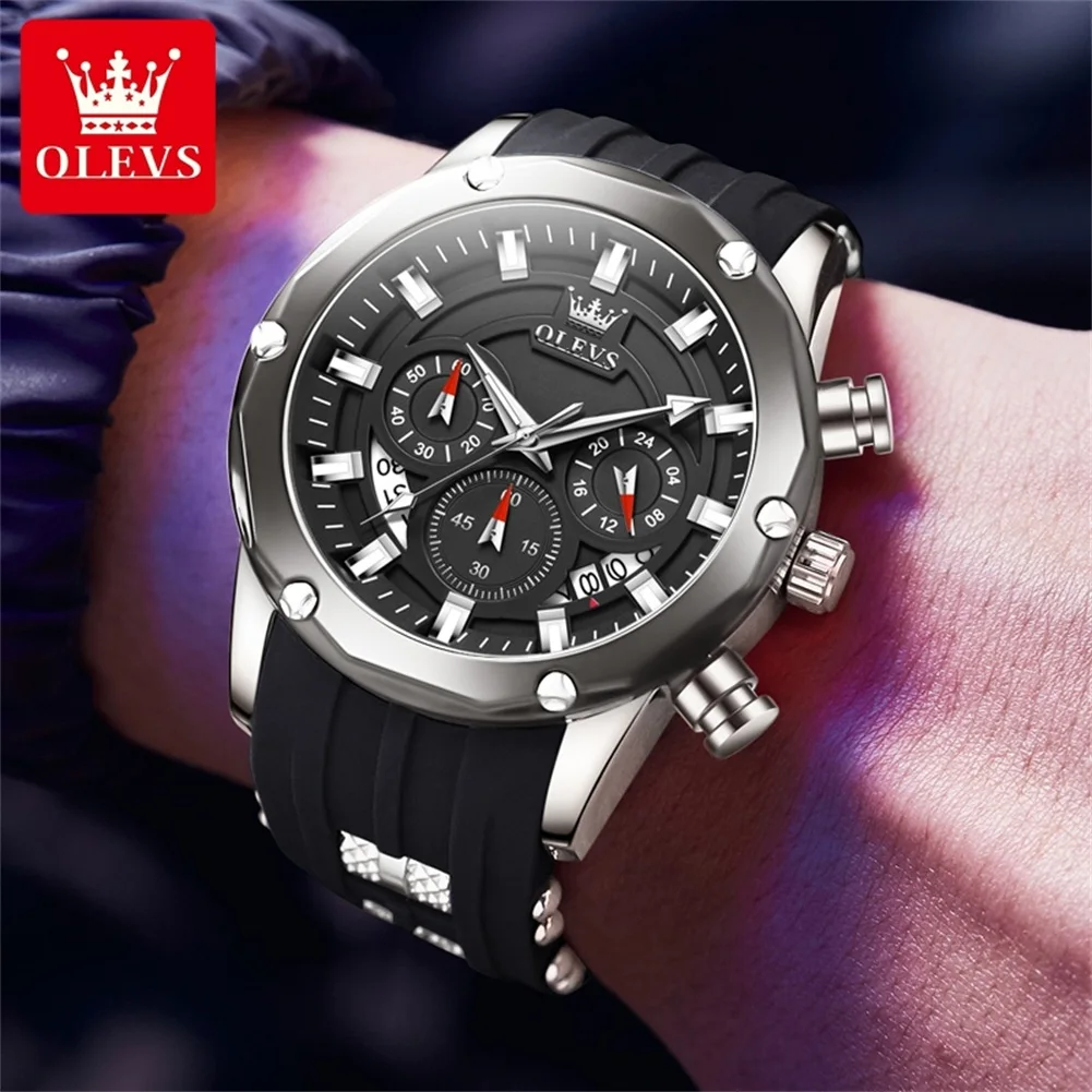 OLEVS 9991 Original Man Watch Silicone Strap Multifunction Quartz Wrist Watch for Men Fashion Chronograph Sport Waterproof Watch