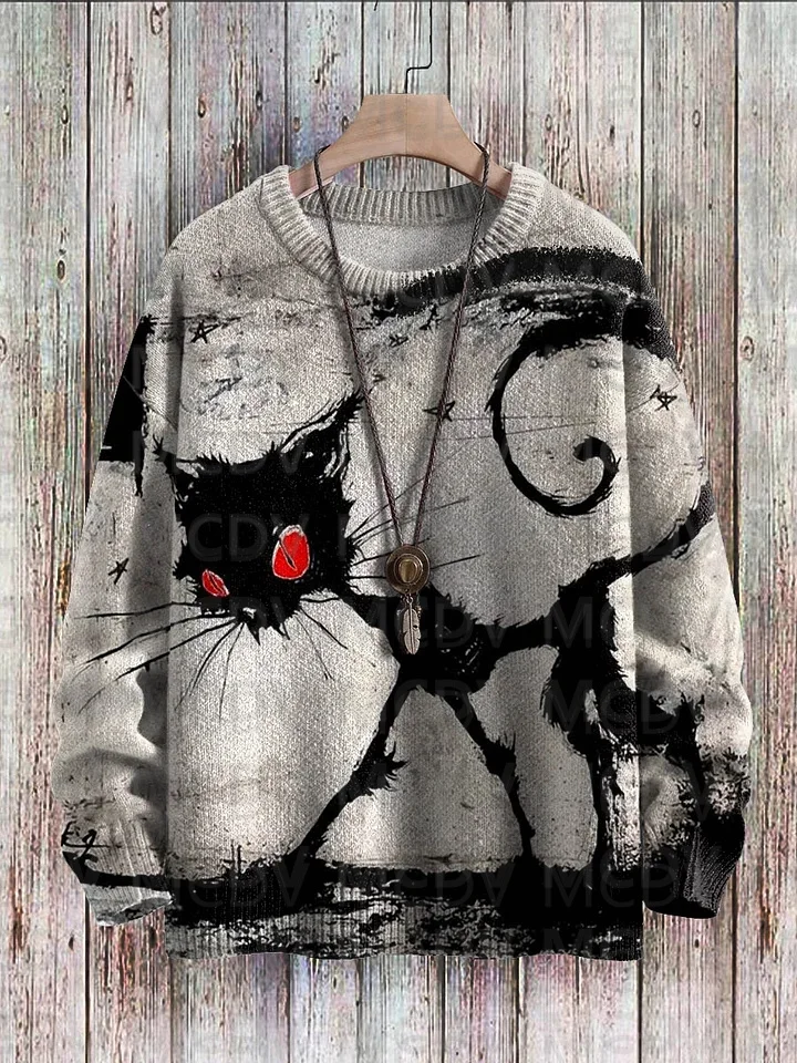 

Halloween Vintage Funny Cat Gaze Art Pattern Print Casual Knit Pullover Sweater Men's For Women's Pullover