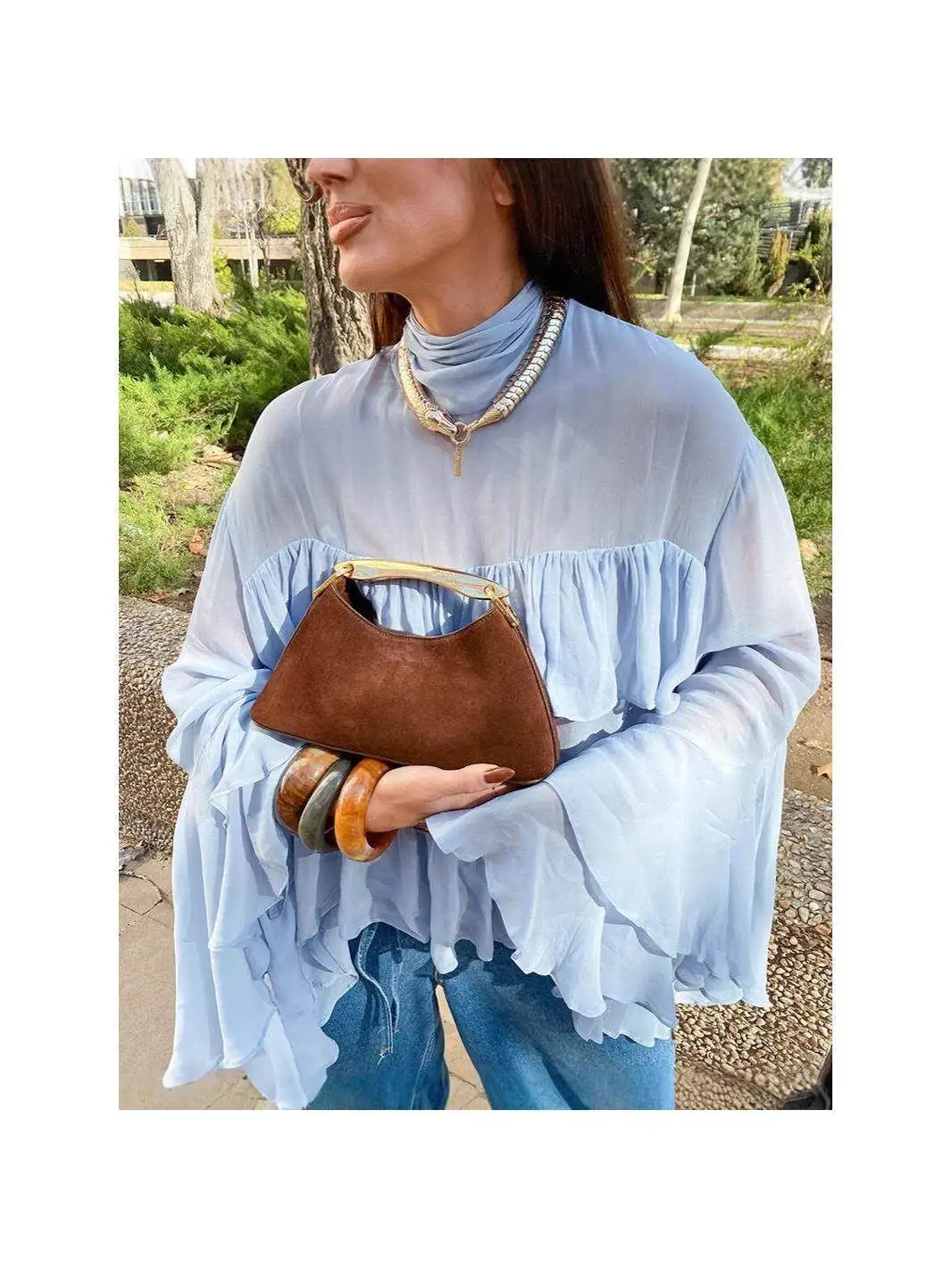 

Faionable Flared SVE Ruffle Top Long Sved irt Commute Sle Knot Long Sve High Collar Ultra ort Ultra Thin